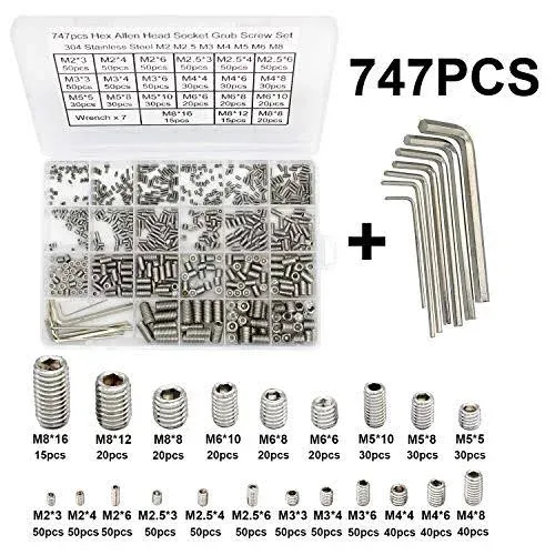 747Pcs M2/M2.5/M3/M4/M5/M6/M8 Metric Hex Socket Head Cup Point Set Screws, Allen Head Grub Screws, Internal Hex Drive Headless Set Screws Assortment Kit with 7Pcs Hex Keys, 304 Stainless Steel