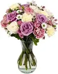 Rejuvenate by Arabella Bouquets with Free Hand-Blown Glass Vase (Fresh-Cut Flowers, Purple, White)