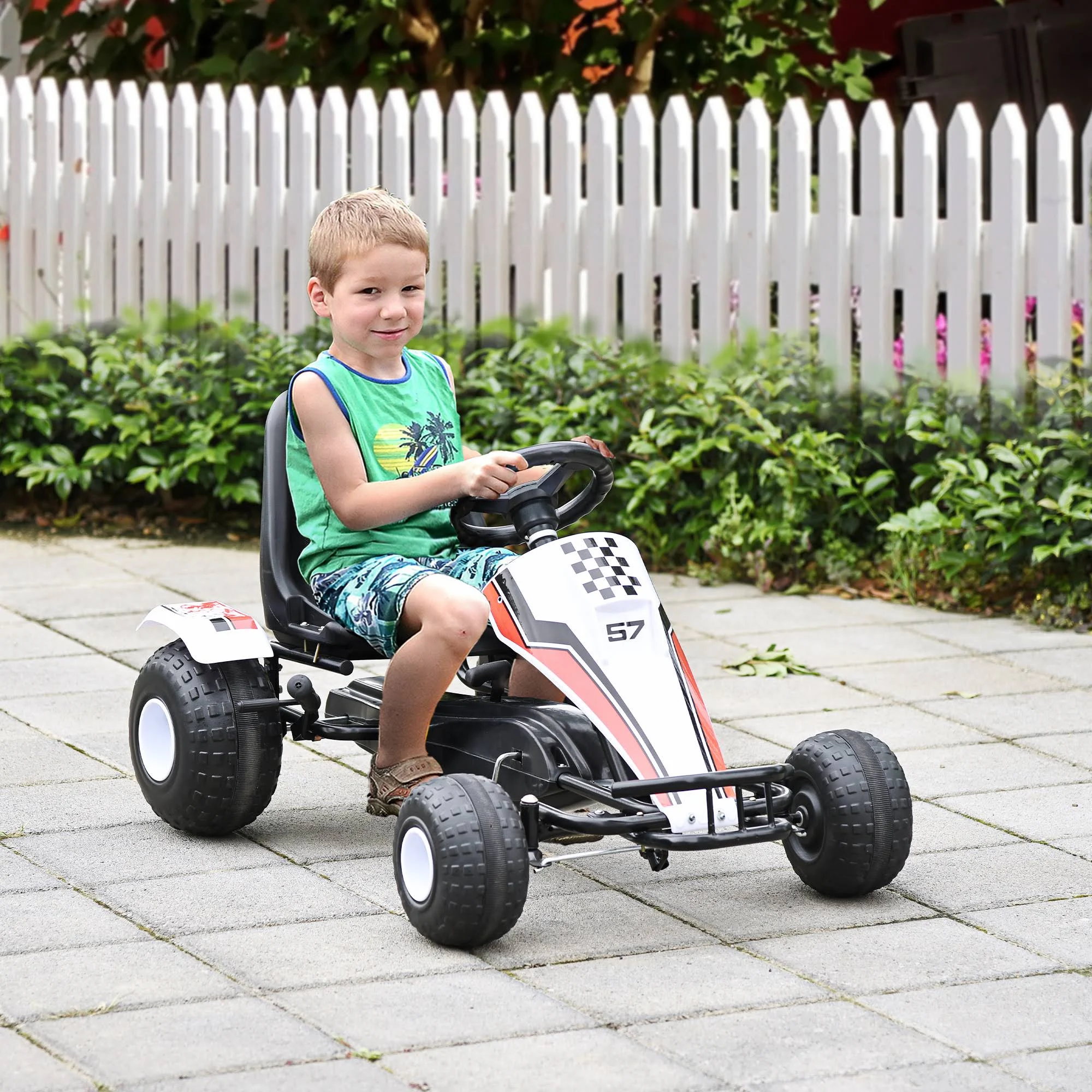 Aosom Pedal Go Kart Children Ride On Car with Adjustable Seat, Plastic Wheels, Handbrake and Shift Lever, White