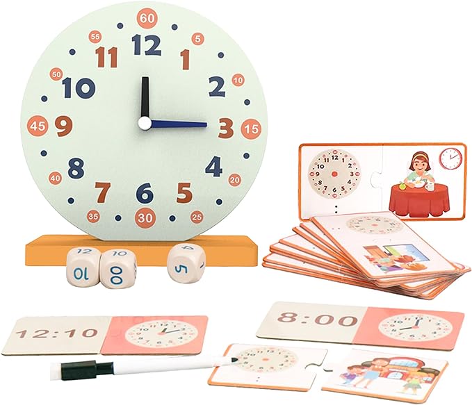 Wooden Toys for Learning Clock Game Set - 16 Piece,Learning Clocks for Kids,Educational Resource for Clocks and Time Teaching Aids, Homeschool Supplies-Telling Time Teaching Clock for Kids Ages 3+