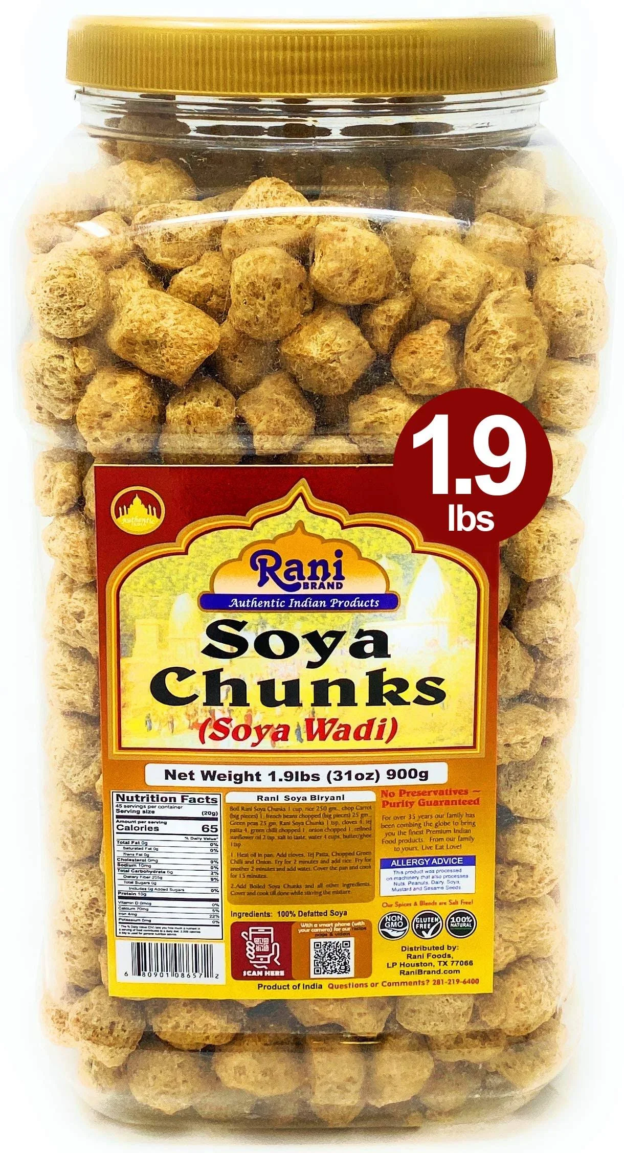 Rani Soya Chunks Nuggets (High Protien) Vadi, 31oz (1.9lbs) 900g ~ All Natural, Salt-Free | Vegan | No Colors | Gluten Friendly | Non-GMO | Indian