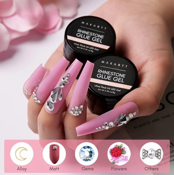 Makartt 2 Jars Nail Rhinestone Glue Gel with Nail Brush Pen& Gems Strong Adhesive Gel Nail Crystal