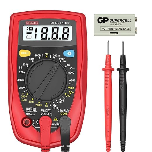 Etekcity Digital Multimeter, AC DC Voltmeter Amp Volt Ohm Current Meter, Electrical Voltage Outlet Circuit Tester With Continuity Resistance Diode Test ,Two Build-In Ceramic Fuses, Red, MSR-R500