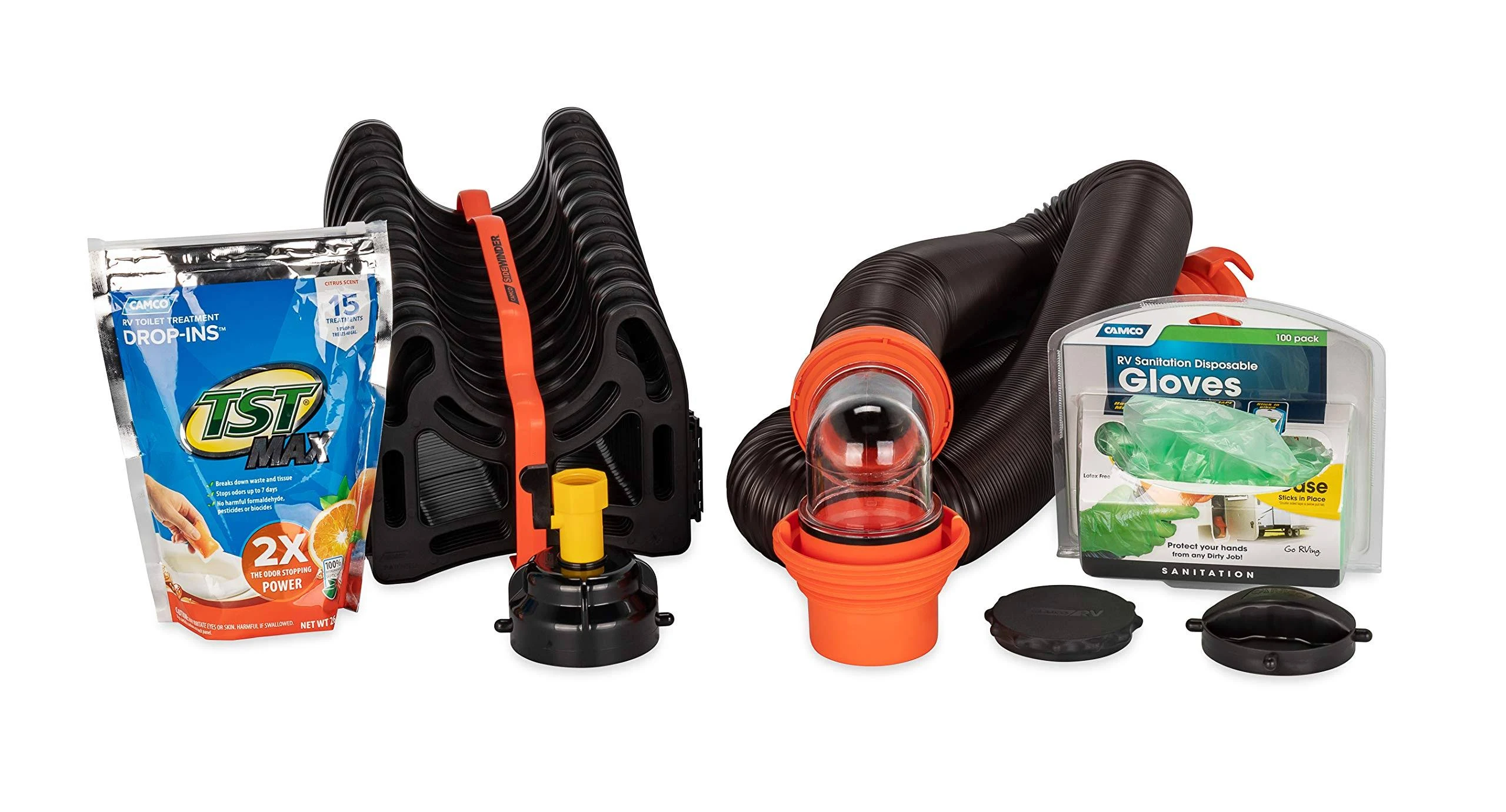 Camco RV Sanitation Kit for Your Holding Tank System - Includes RhinoFLEX Sewer Hose with Fittings, Leak Proof Seals, Storage Caps, Sanitation Gloves 44732