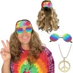 - Hippie Costume Set, Brown Wig, Tie Dye Headband, Rainbow Sunglasses, and Pe...