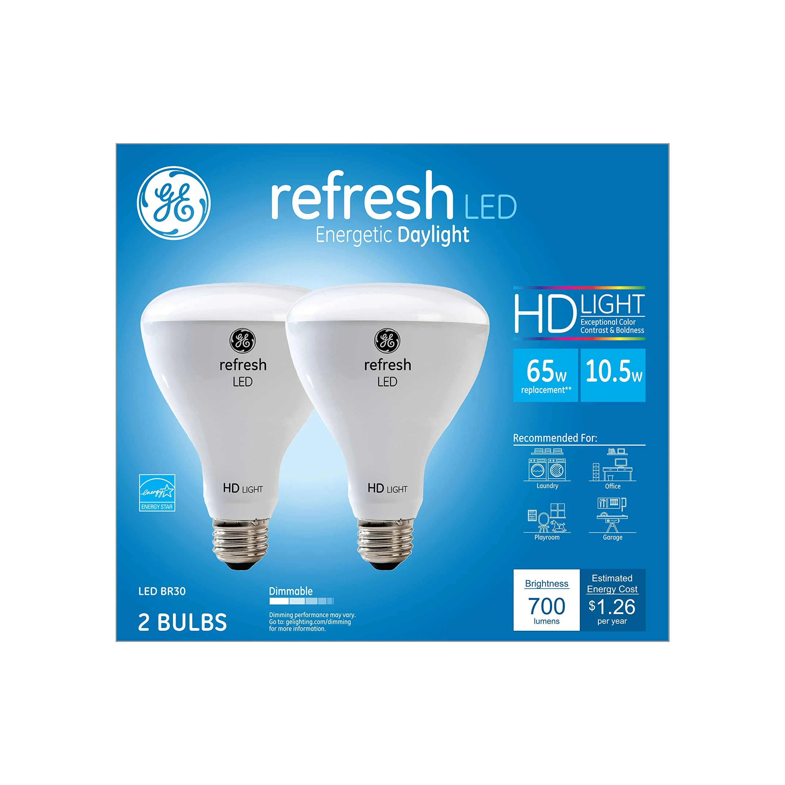 GE Refresh LED Indoor Floodlight Bulbs, HD Light, 10.5 Watt (65 Watt Equivalent) Daylight, Medium Base, Dimmable (2 Pack)