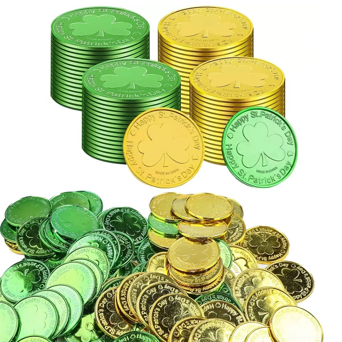 100 Pieces St. Patrick's Day Lucky Coins Shamrock Plastic Coins Green and Gold Coins Table Scatter for St. Patrick's Day Party Favors