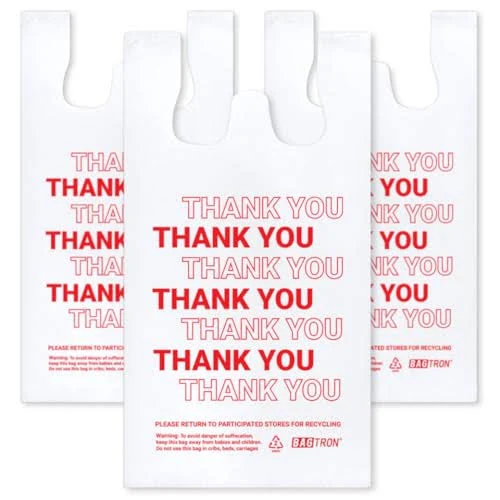 Bagtron Thank You T-Shirt Carry-Out Bags, 1/6 Barrel, White/Red, 12" x 7" x 22" Large, 1000 Count