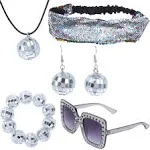 5 Pieces 1970s Disco Accessories Disco Set Ball Earrings Necklace Bracelet Bling Headband and Sunglasses for Women, Silver 1