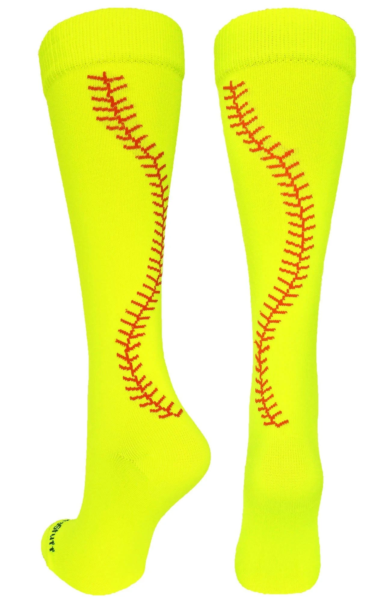 MadSportsStuff Softball Socks with Stitches Over The Calf (Neon Yellow/Red, Large), Women's