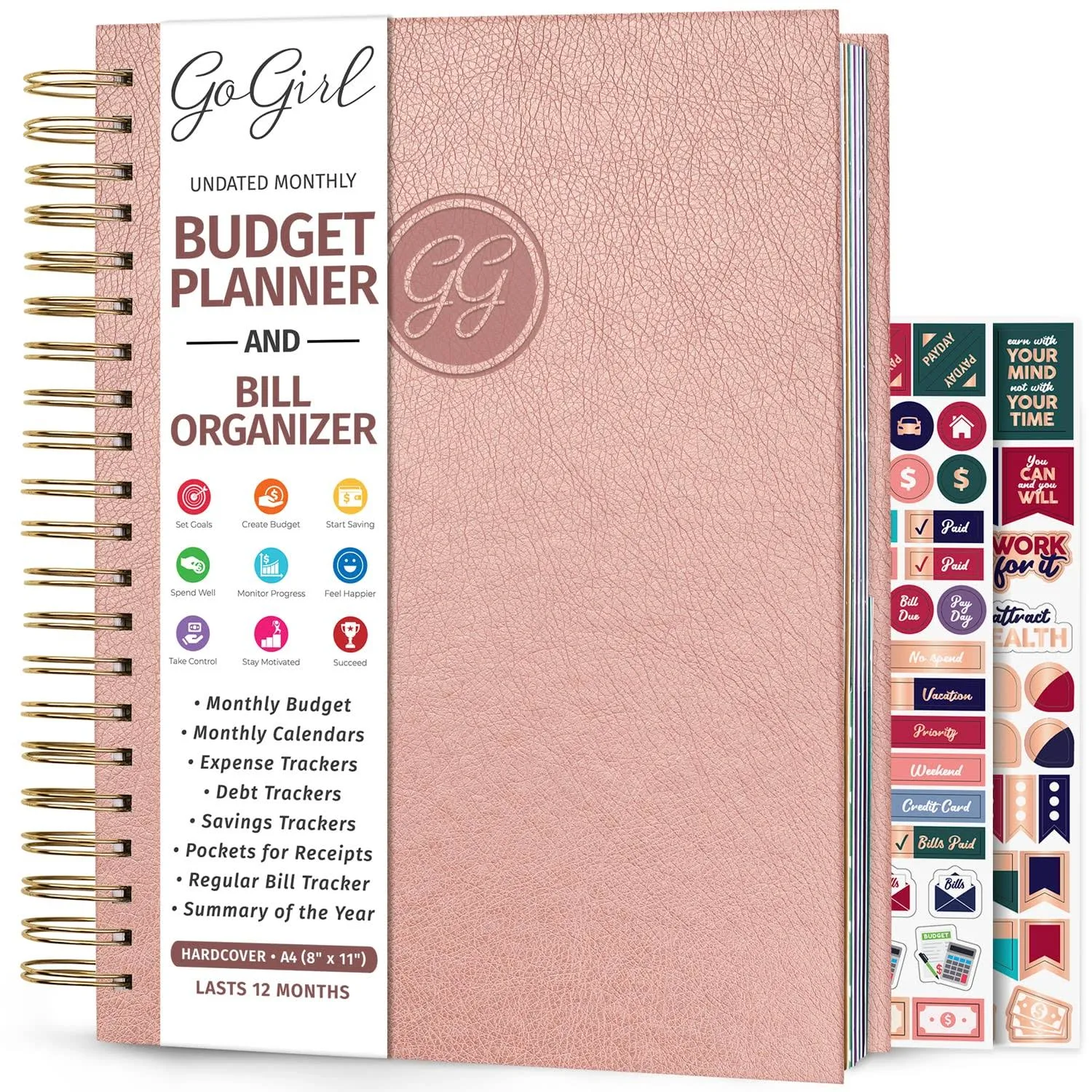 GoGirl Budget Planner & Monthly Bill Organizer – Monthly Financial Book with Pockets. Expense Tracker Notebook Journal, Large (Rose Gold)