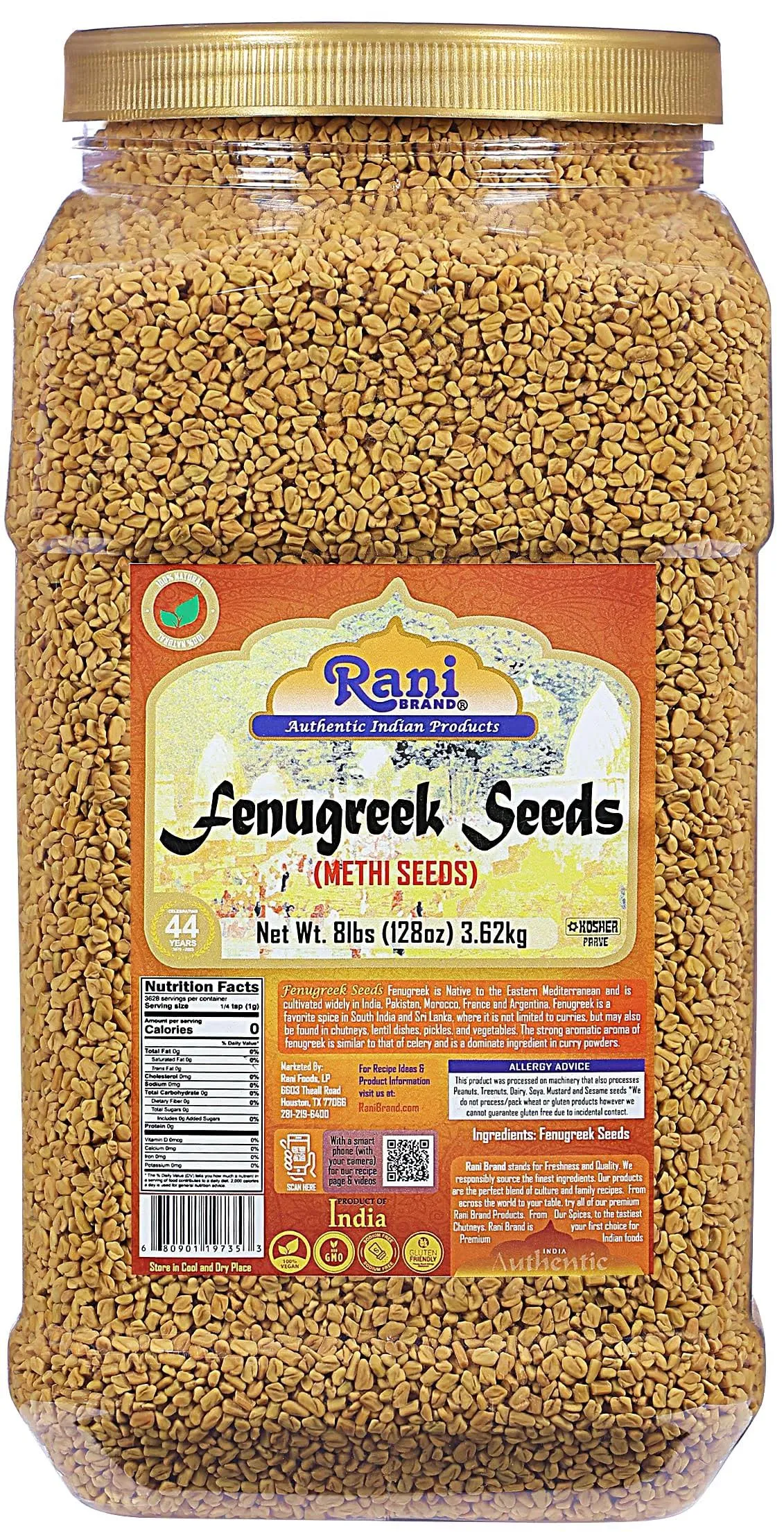 Rani Fenugreek (Methi) Seeds Whole 128oz (8lbs) 3.62kg Bulk Pet Jar, Trigonella Foenum Graecum ~ All Natural | Vegan | Gluten Friendly | Non-GMO