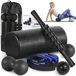 BORNEW Foam Roller Set - High Density Back Roller, Muscle Roller Stick,2 Foot Fasciitis Ball, Stretching Strap, Peanut Massage Ball for