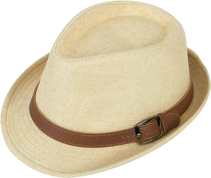 Simplicity Panama Style Trilby Fedora Straw Sun Hat with Leather Belt