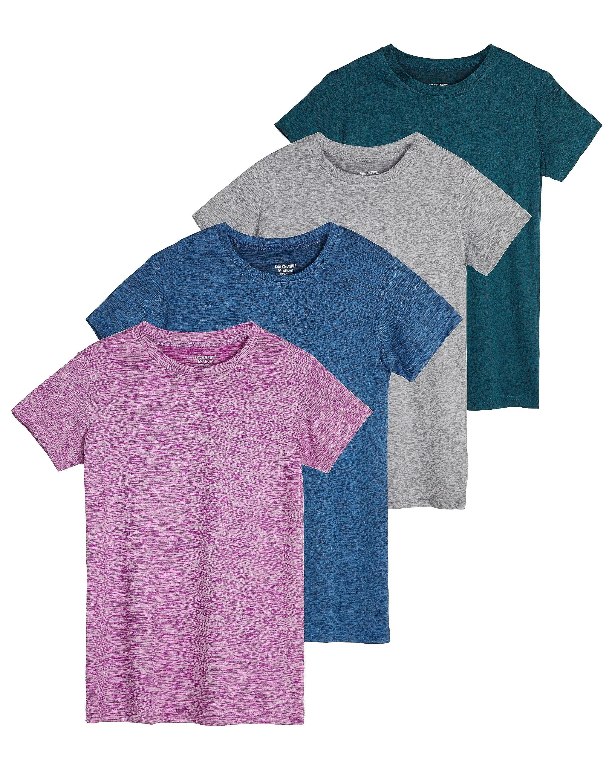 Real Essentials 4 Pack: Girls Short Sleeve Dry-Fit Crew Neck Active Athletic Performance T-Shirt