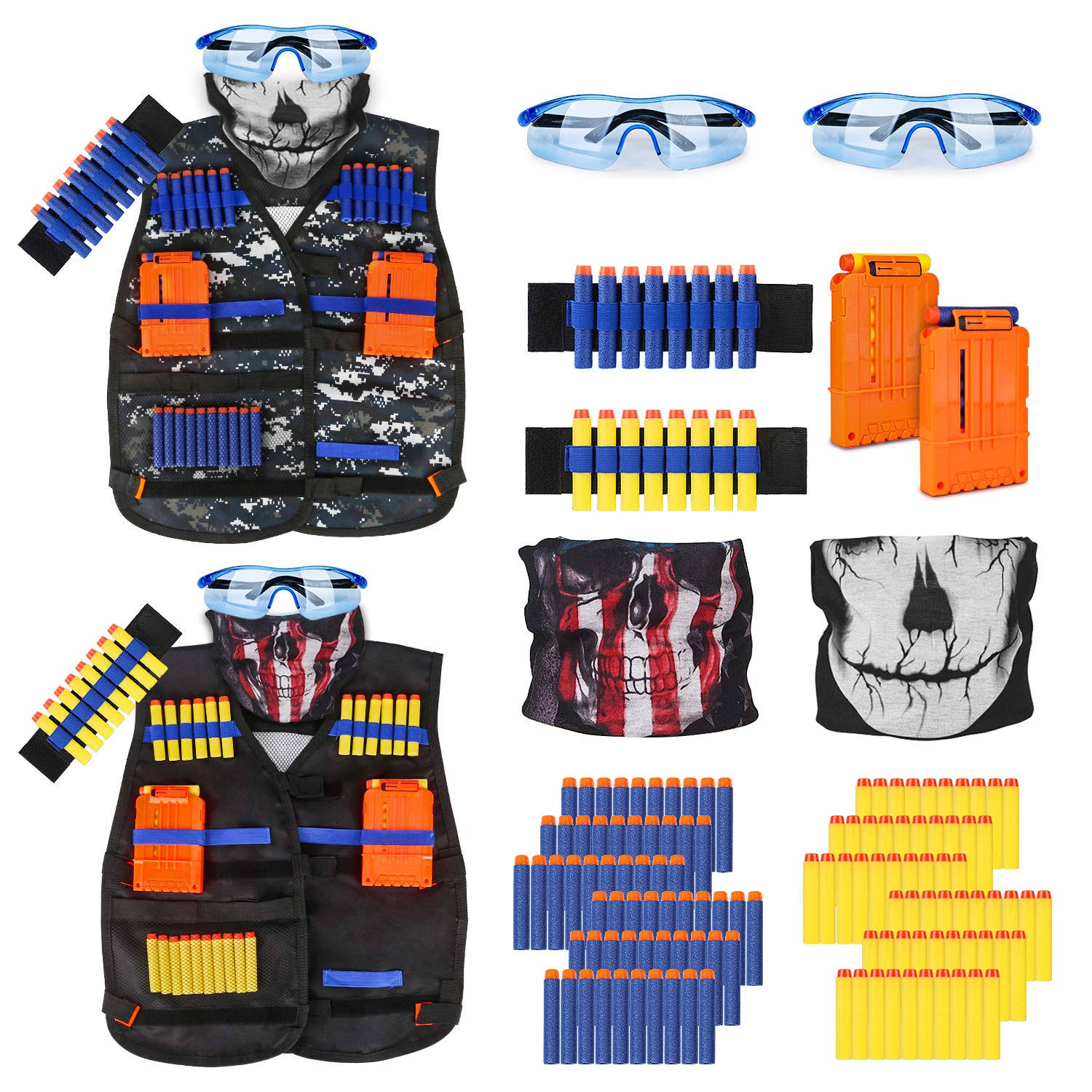 Kids Tactical Vest Kit for Nerf Guns Series with Refill Darts,Dart Pouch, Reload Clips, Tactical Mask, Wrist Band and Protective Glasses,Nerf Vest Toys for 4 5 6 7 8 9 10 11 12 Year Boys(2 Pack)