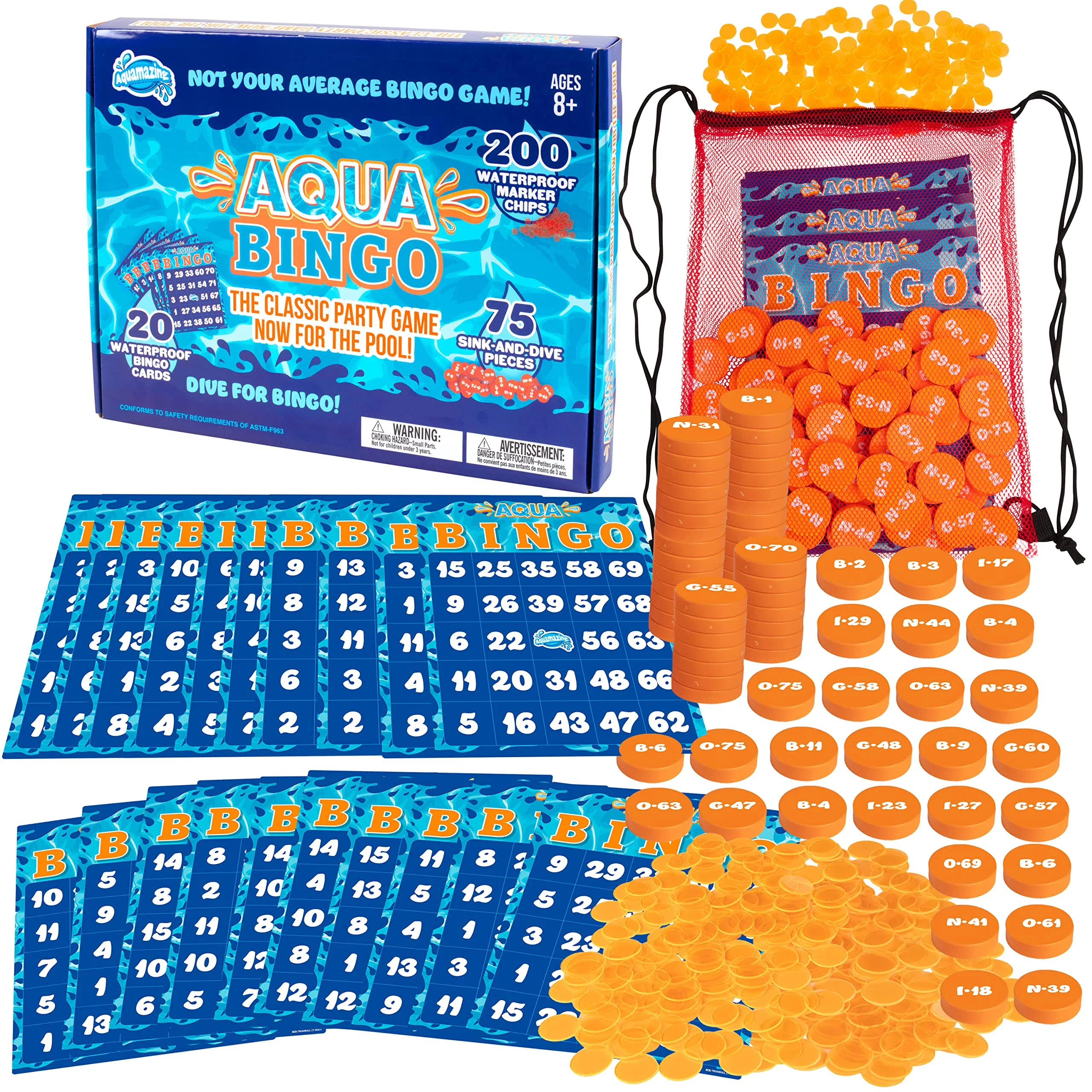 Aqua Pool Bingo Diving Game for Adults & Kids- Swim for & Call 75 Sinking Numbers, Fill Your Card To Win- Includes 200 Marker Chips, 10 Waterproof Play Cards, Fun Birthdays & Summer Parties, Xmas Gift