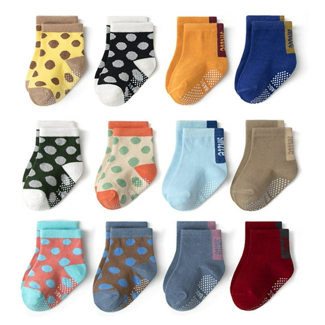 Toddler Socks 12 Pairs Baby Non Slip Skid Ankle Socks For Kids Boys Grips Cotton Crew Socks