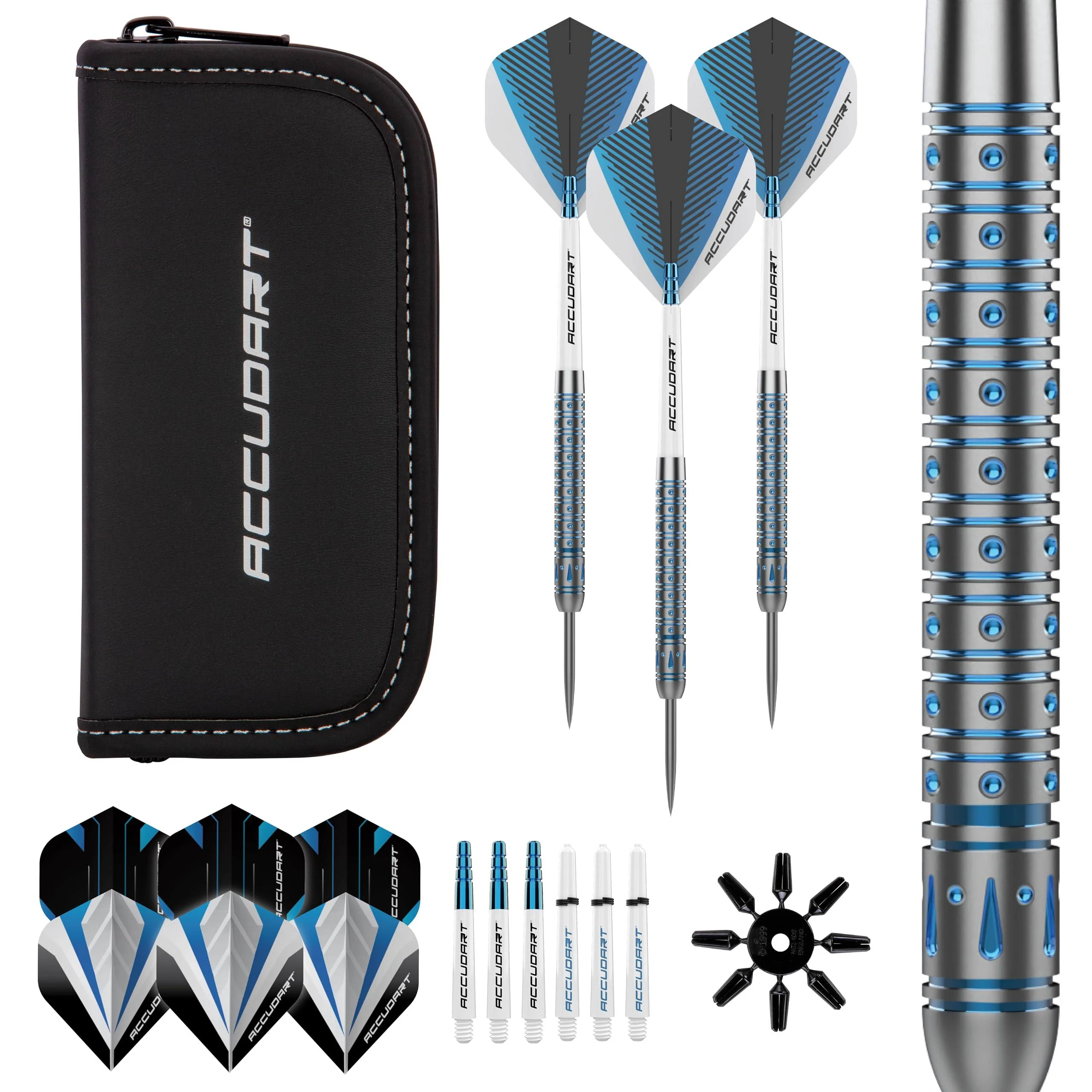 Accudart Steel Tip Dart Set 6.0-80% Tungsten Barrel - Gem Cut Pixel Grip - Polycarbonate Shafts - Standard Shape Flights - 6" Leather Case