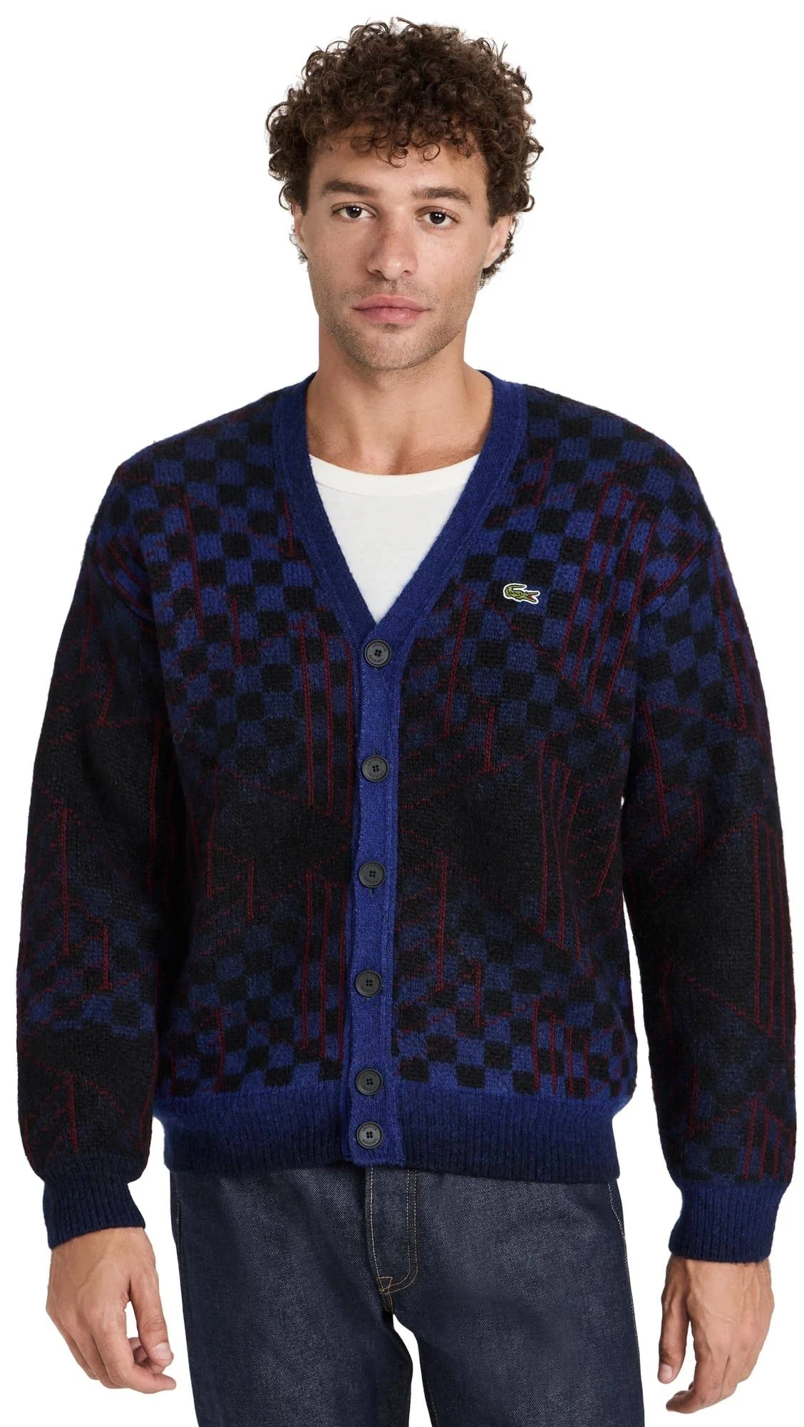 Lacoste Unisex Monogram Motif Alpaca and Wool Cardigan Blue/Black/Bord