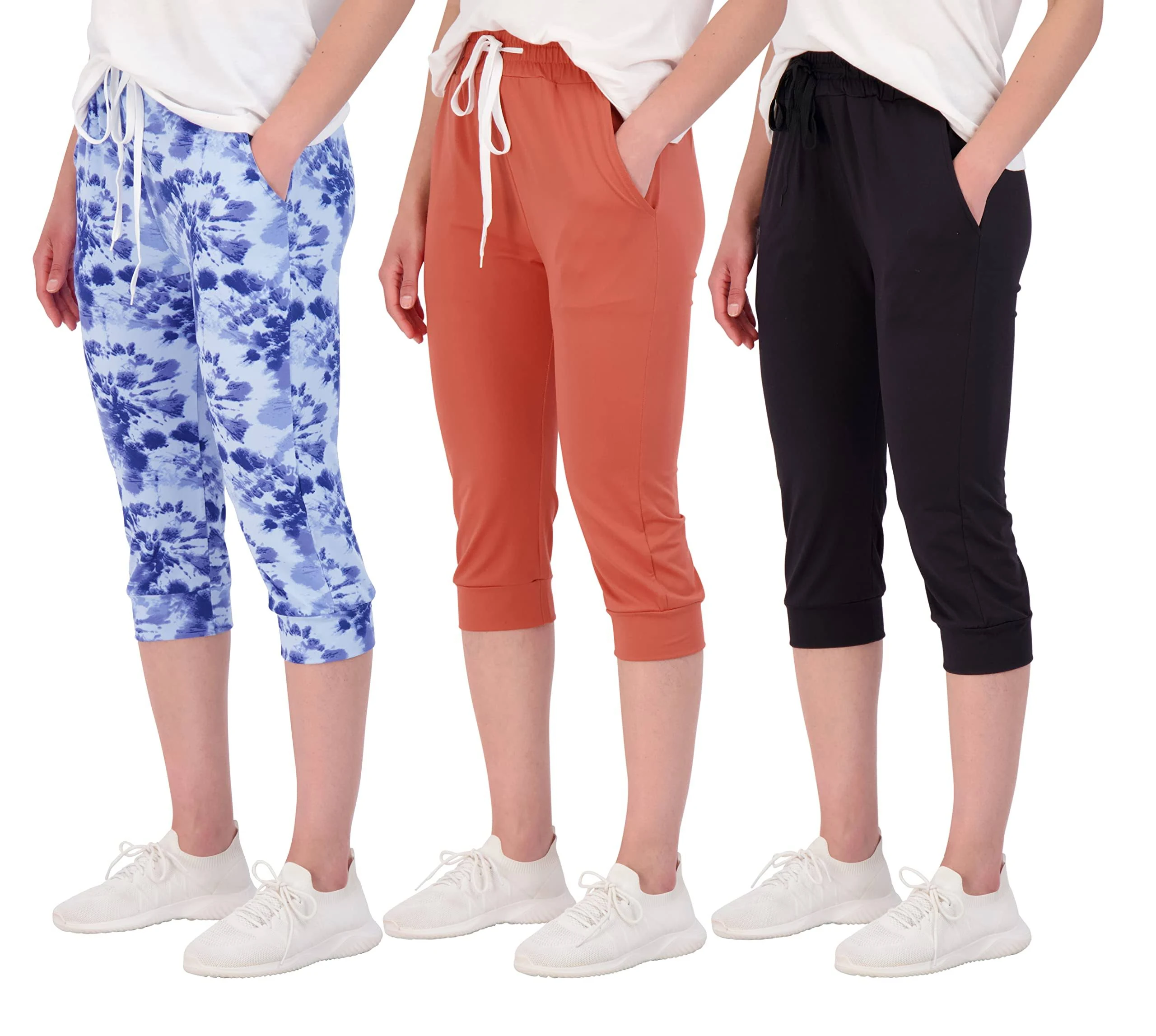 Real Essentials 3-Pack: Women's Capri Joggers Cuffed Athletic Casual Soft ...