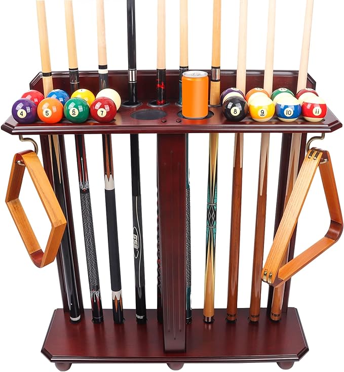 GSE Games & Sports Expert Floor Stand Billiard Pool Cue Racks Only, Holds 10 Pool Cue Sticks, 2 Drink Holders, Billiard Ball Racks and Full Set of Pool Balls (Mahogany)