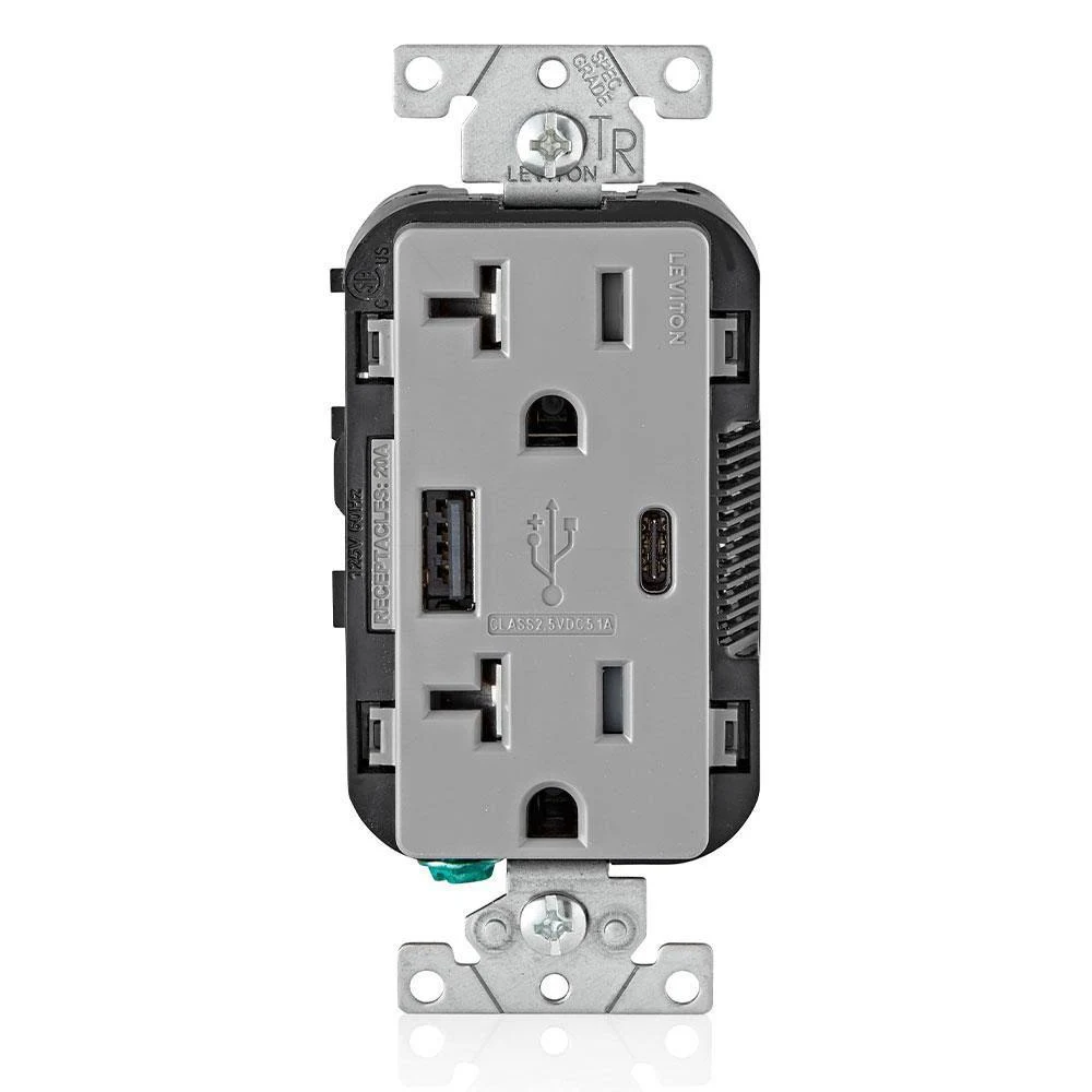 Leviton T5833-GY Type A & Type-C USB In-Wall Charger with 20A Tamper-Resistant Outlet, USB Charger for Smartphones and Tablets. Not for Laptops, Gray