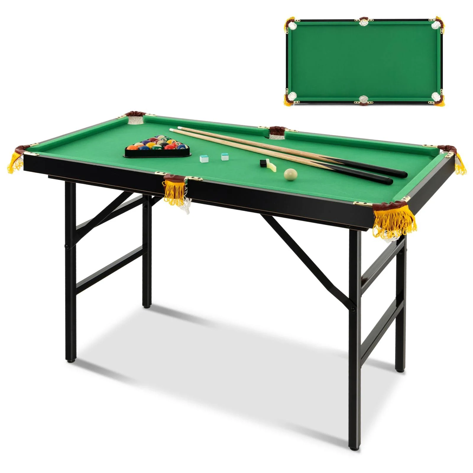 47&#034; Folding Billiard Table Pool Game Table Indoor Kids w/ Cues Brush Chalk Green