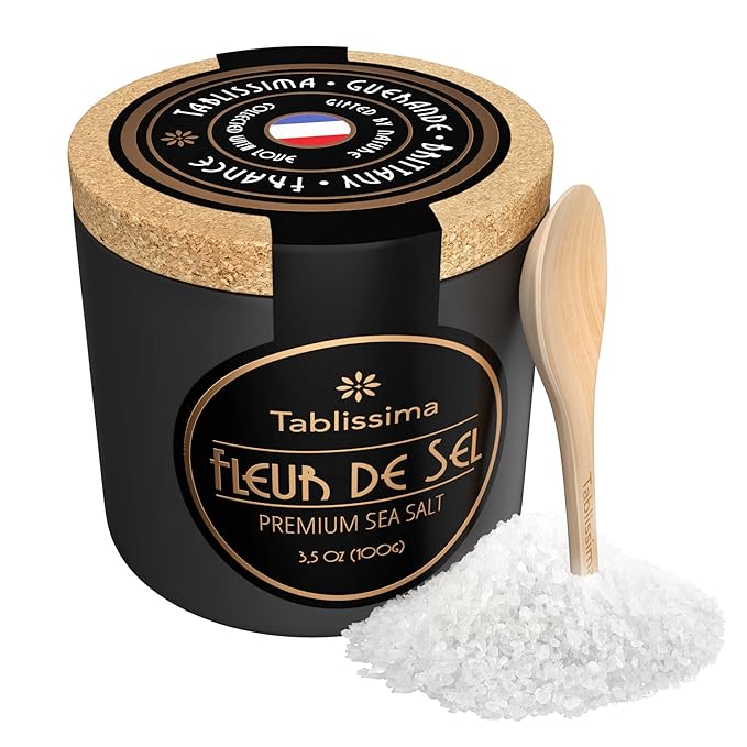 Fleur de SEL - Premium Sea Salt from Guerande France - Flaky Sea Salt from The Celtic Sea - Salt Cork Box and Wooden Salt Spoon Included - 3.5 oz