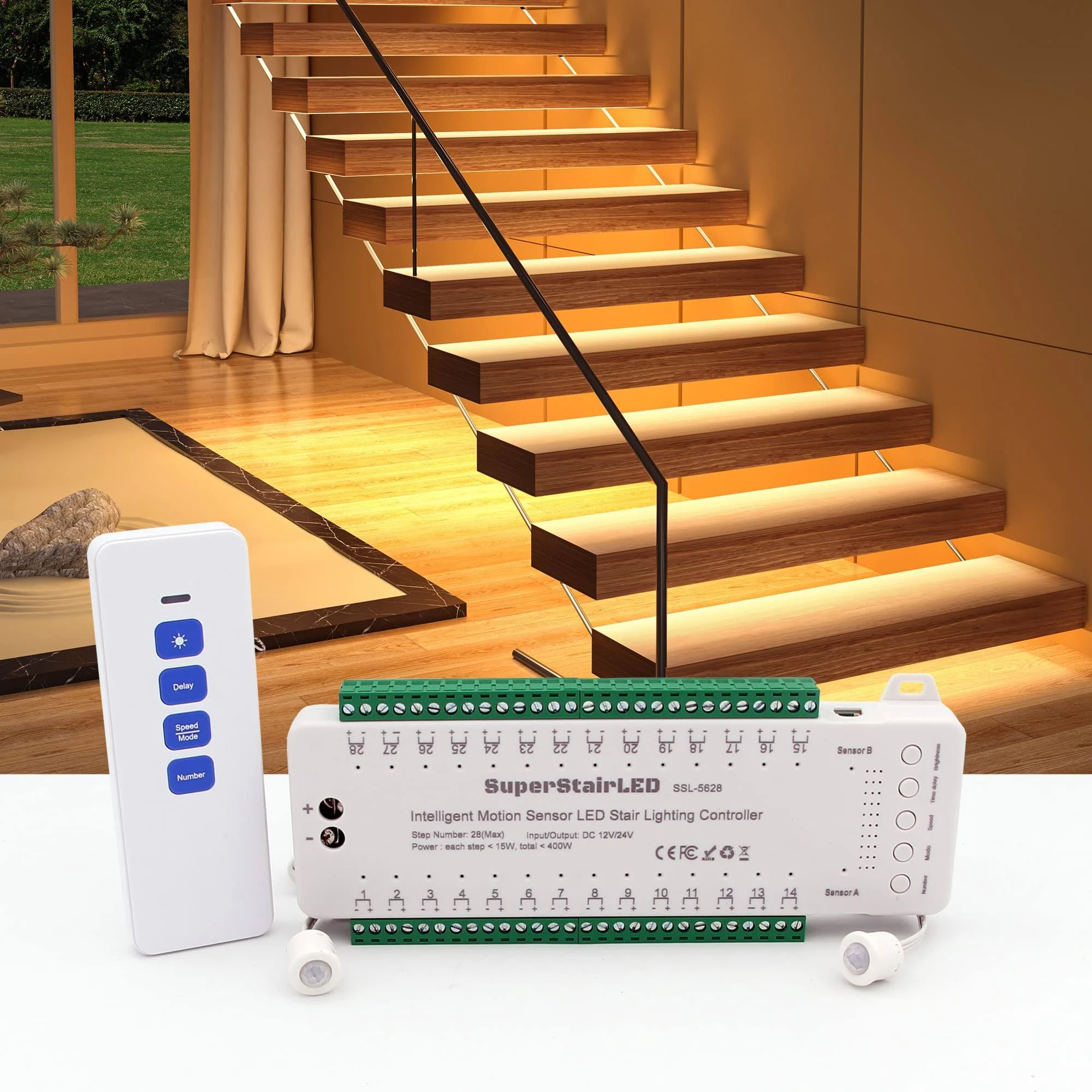 Motion Sensor LED Stair Lights Controller SSL-5628, 9 Modes Speed Brightness Adj