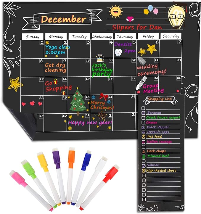 MoKo Magnetic Dry Erase Calendar for Refrigerator, 16"x12" Dry Erase Monthly Schedule Planner and Grocery Shopping List with 8 Markers for Kitchen