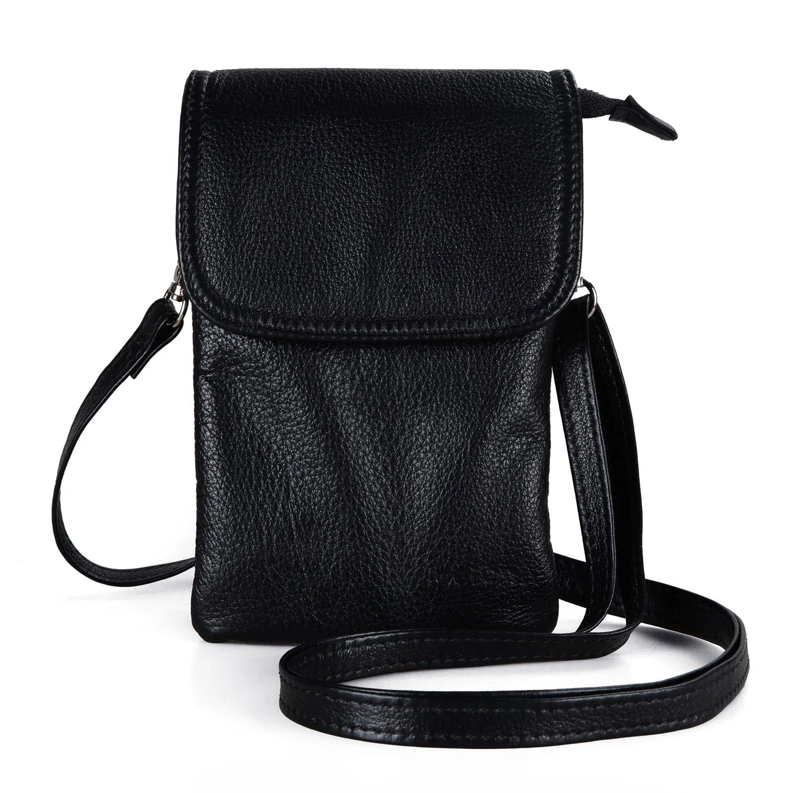 Leather Small Cell Phone Crossbody Wallet Black