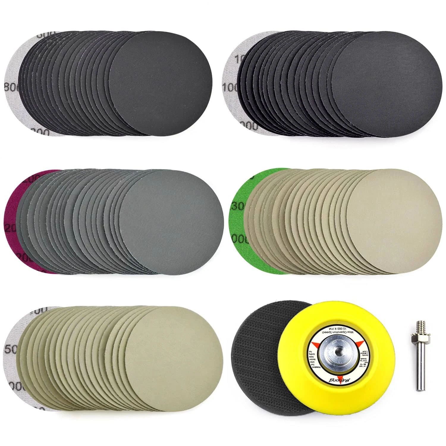 POLIWELL 3 Inch Assorted 800/1000/2000/3000/5000 grit high performance heavy duty silicon carbide wet/dry hook & loop