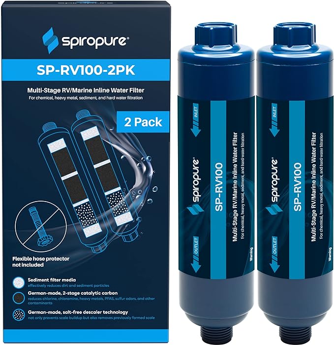 2pk of SpiroPure Multi-Stage RV Marine Inline Water Filters - Sediment Carbon Hard Water Chlorine Chloramine Heavy Metals PFOA PFAS (Flexible Hose Protector NOT Included)