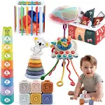 Montessori Toys for Babies 6-18 Months, 6 in 1 Baby Easter Basket Stuffers Sensory Toys, Infant Teething Pull String Toys, Stacking Blocks, Shape Sorter, Baby Tissue Box,Soft Rings, Stacking Cups