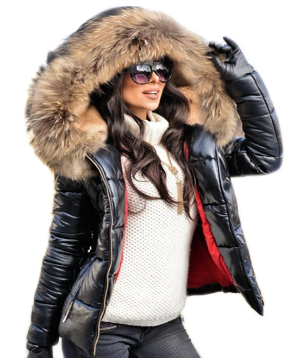 Aofur Womens Ladies Quilted Winter Coat Fur Collar Hooded Down Jacket Parka Outerwear