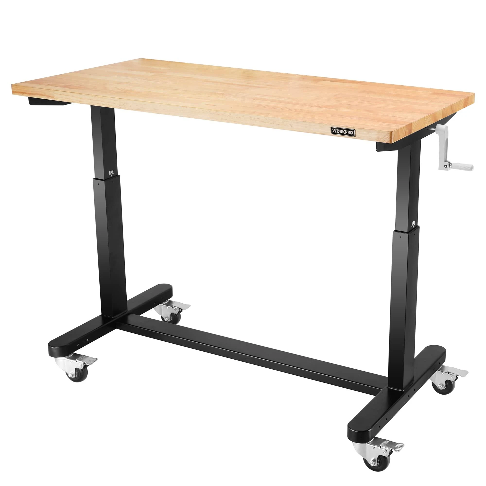 WorkPro 48 inch Height Adjustable Work Table with Crank Handle and Casters, 48 inch x 24 inch Rubber Wood Top Standing Desk Workbench, Heights from 29