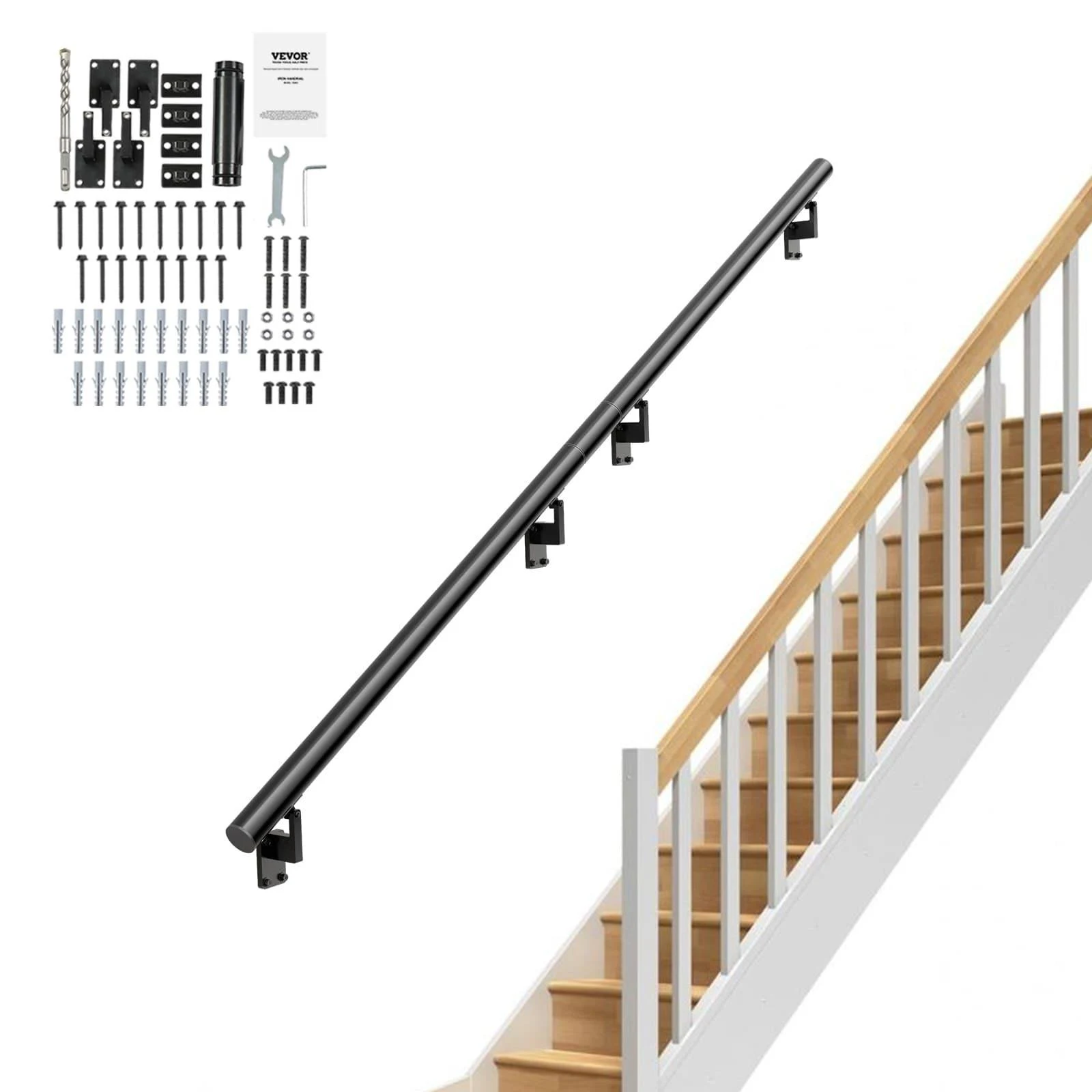 VEVOR 12 ft Wall-Mount Handrail Stair Railing Aluminum Alloy w/ Installation Kit