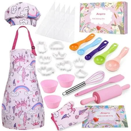 Anpro Complete Kids Cooking and Baking Set, 27 Pcs Aprons for Girls, Chef Hat, Mitt & Utensil to Dress up Chef Costume Career Role Play for 3-7 Years 