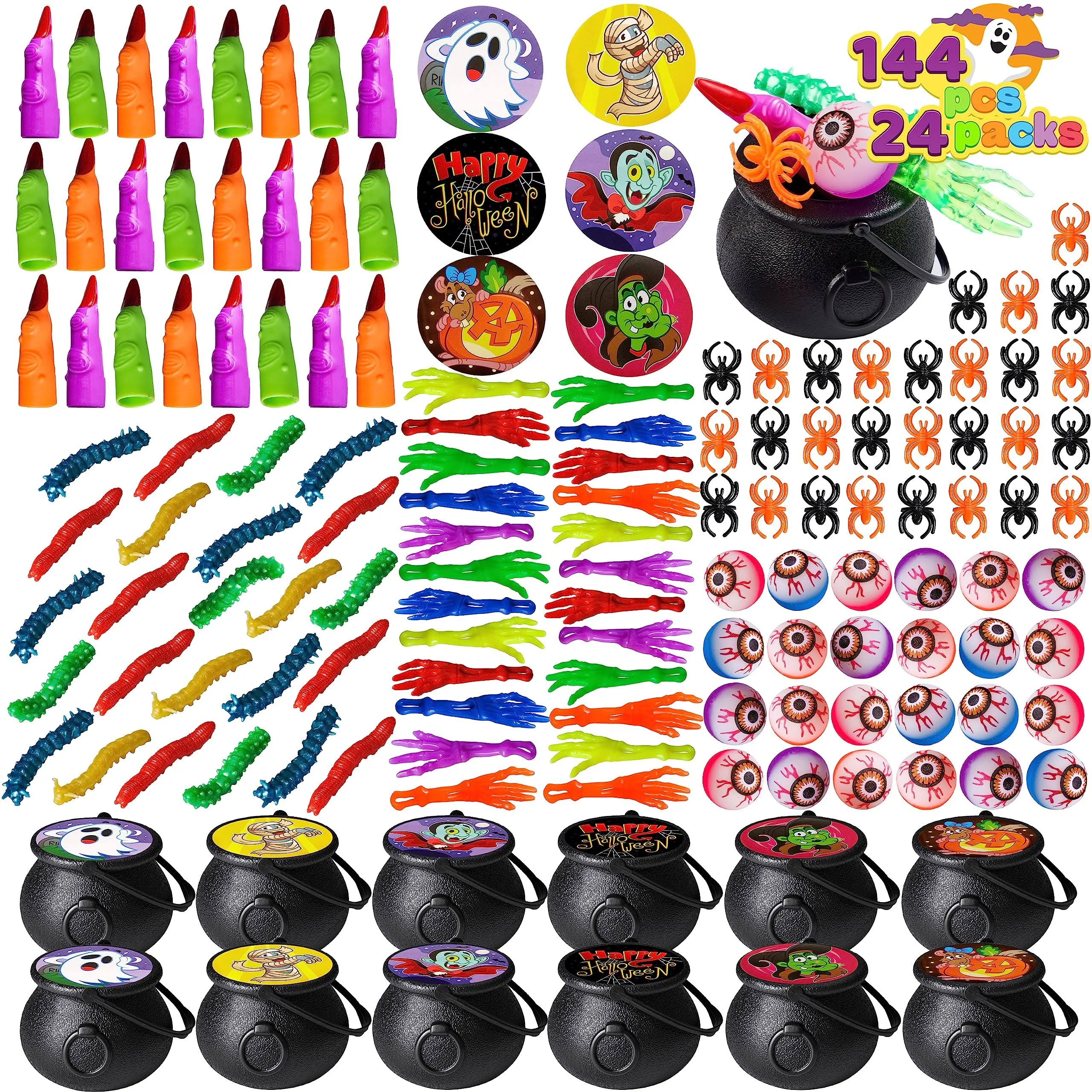 Joyin 144 Pcs Halloween Game Toy Gifts for Kids, 24 Pack Prefilled Cauldrons with ...