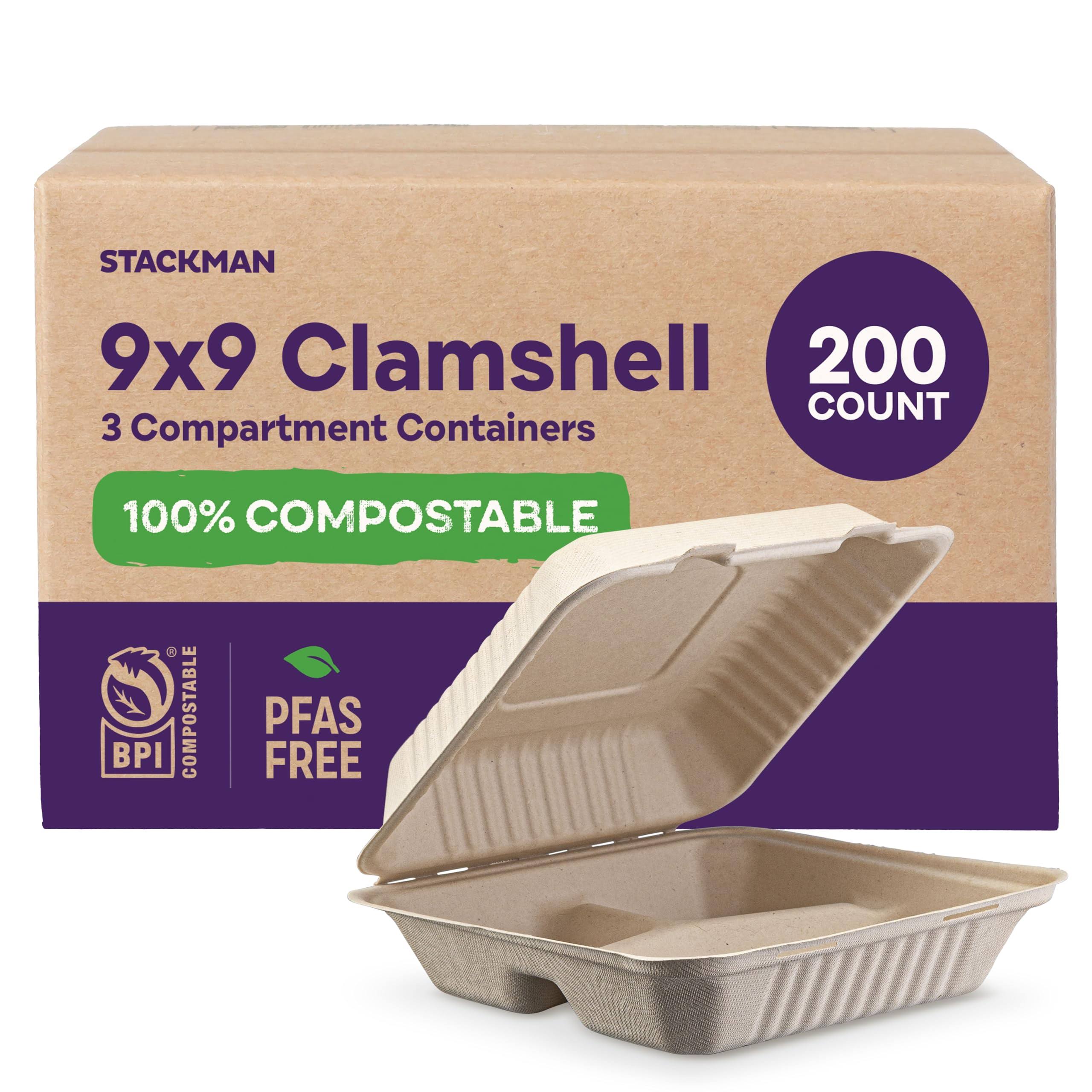 200-Pack Compostable to Go Containers 9x9" 3-Compartment Clamshell Take Out Food Container with Hinged Lid-PFAS FREE