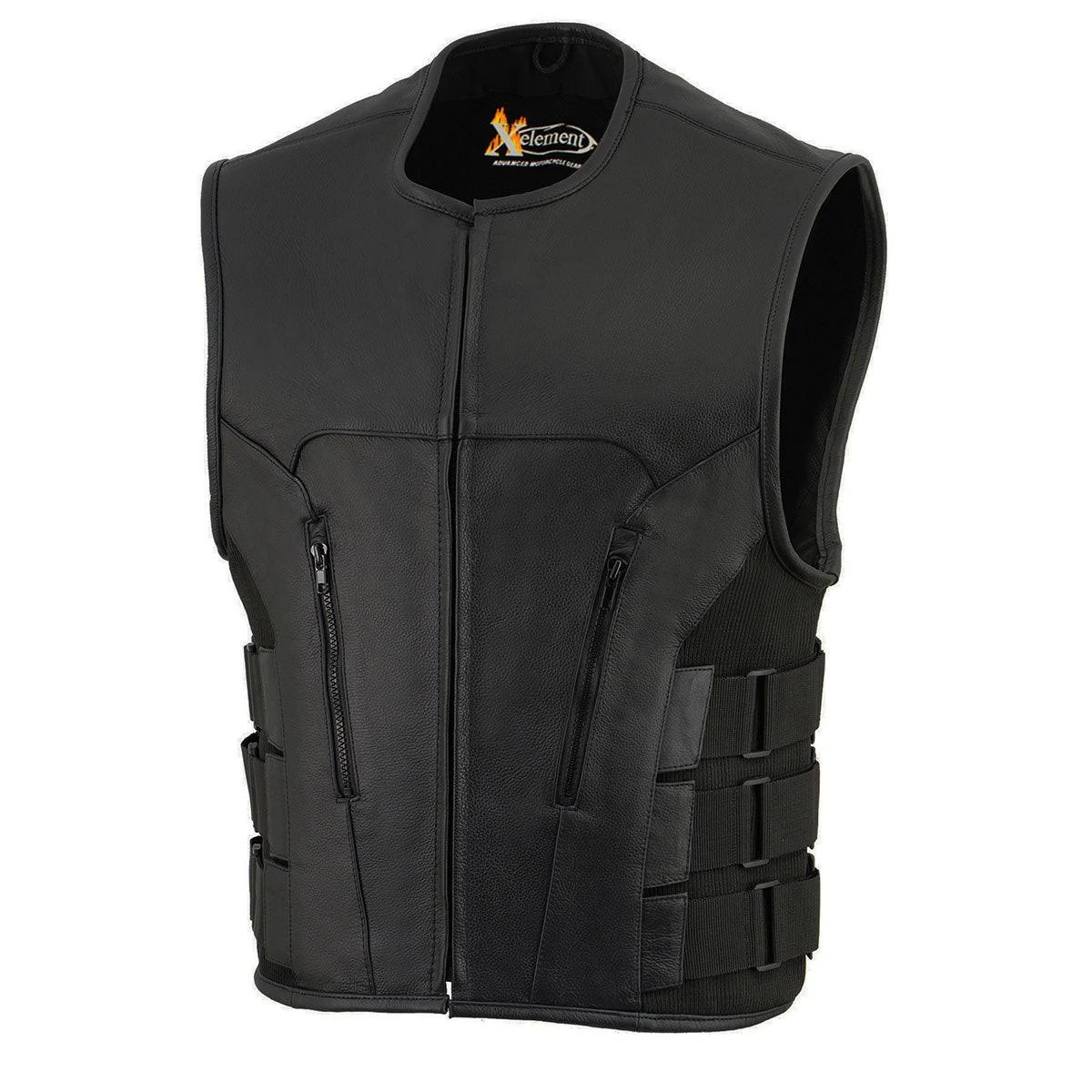 Xelement B95080 Men's Black Advanced Triple Strap Design Leather Motorcycle Vest - Black / Small