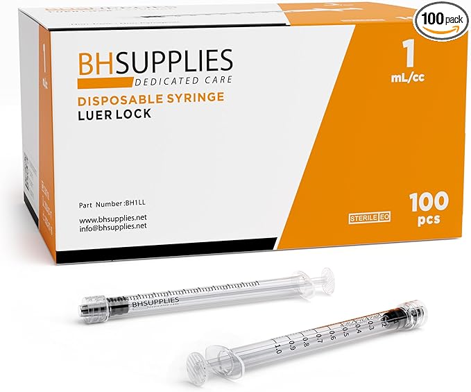 BH Supplies 1ml Luer Lock Tip Syringes (No Needle) - Sterile, Individually Wrapped - 100 Syringes