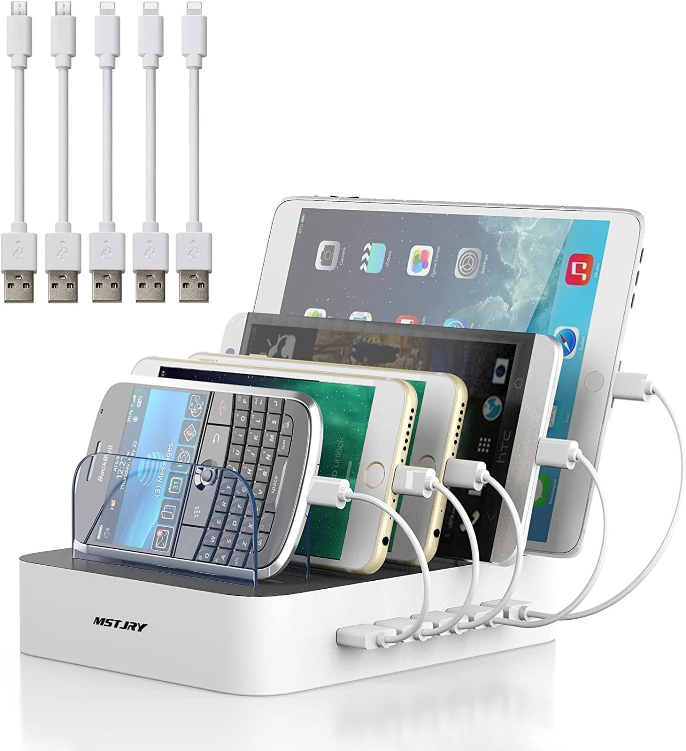 Charging Station for Multiple Devices, MSTJRY 5 Port Multi USB Charger Station with Power Switch Designed for iPhone iPad Cell Phone Tab White, 6 Mix