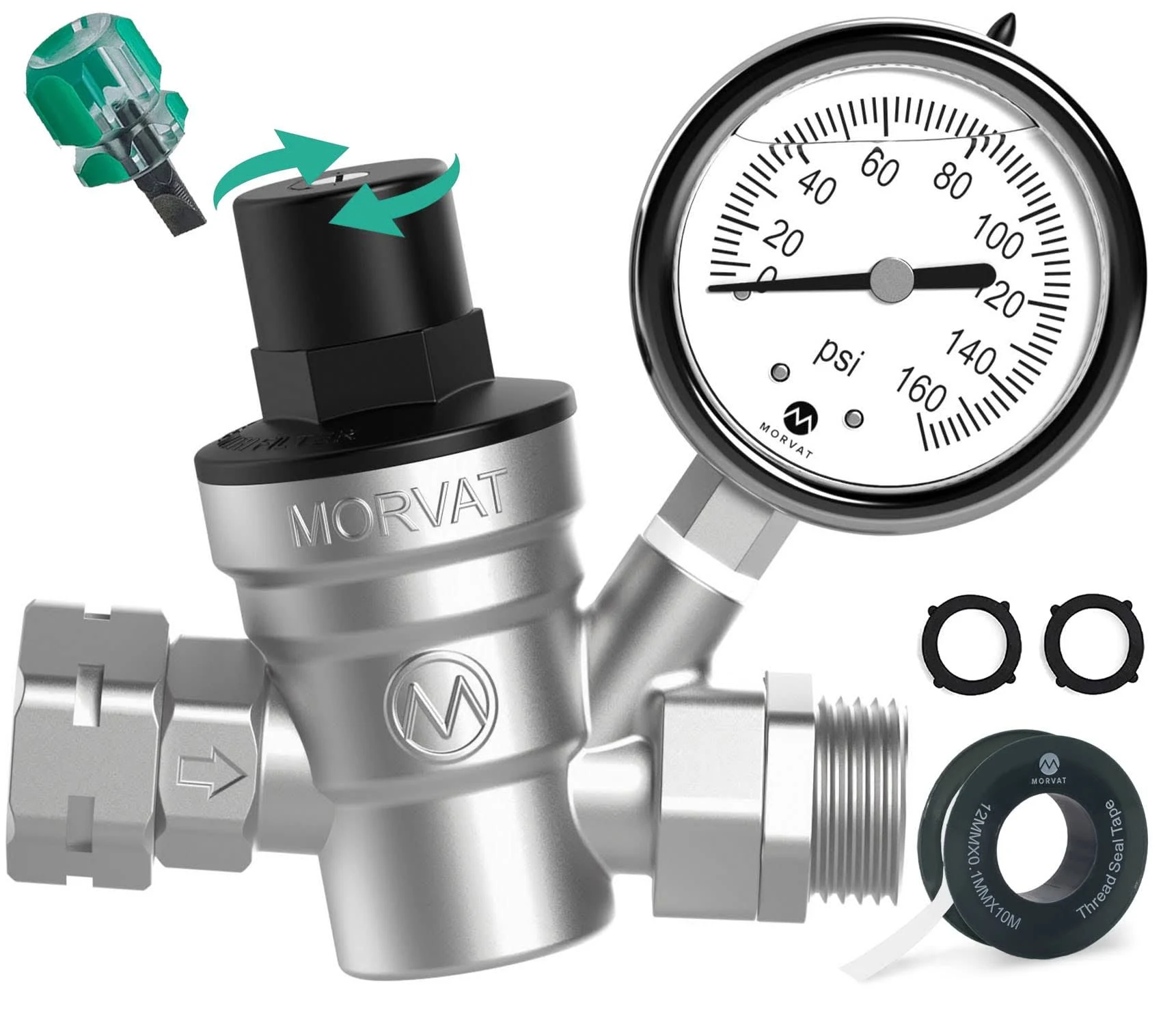 Morvat Premium Lead-Free Nickel Plated Brass RV Water Pressure Regulator Adjustable Valve with Oil Filled Gauge for Camper, Includes Screwdriver, Roll Of Teflon Tape & 2 Extra Rubber Washers