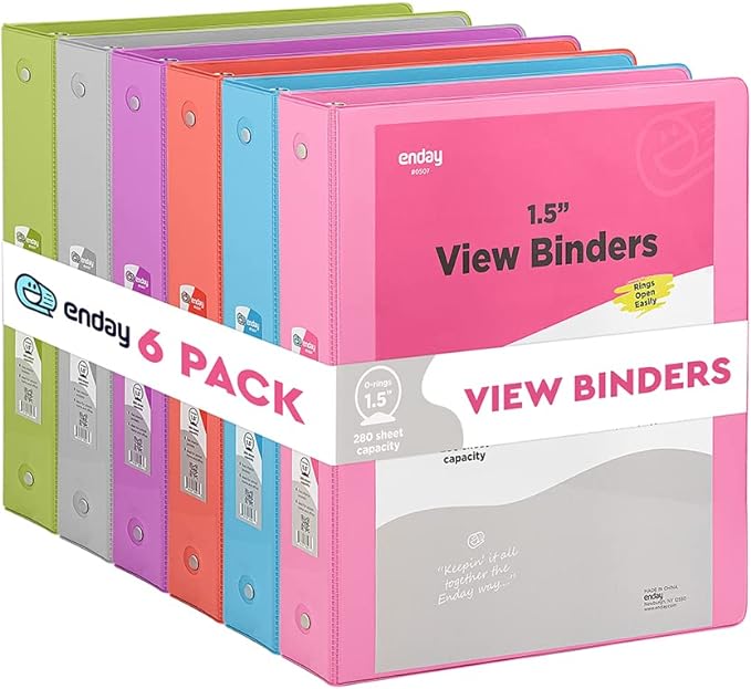 3 Ring Binder, 1.5 Inch Clear View Cover with 2 Inside Pockets Binder, Colored School Supplies 1 ½ Inch Round Ring Binders, in Pink, Red, Blue, Purple, Green, and Grey, Multicolor (6 PC) – by Enday