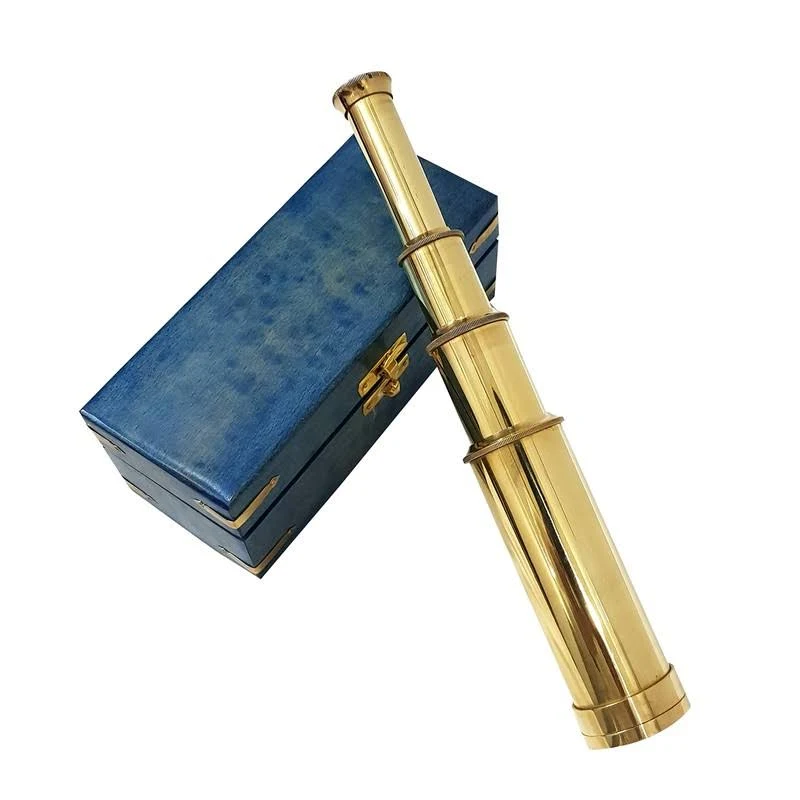 Nautical Solid Brass Handheld Telescope Blue Wooden Box Pirate Spyglass Sailor Scope Antique Pirate Telescopes Home & Table Decor