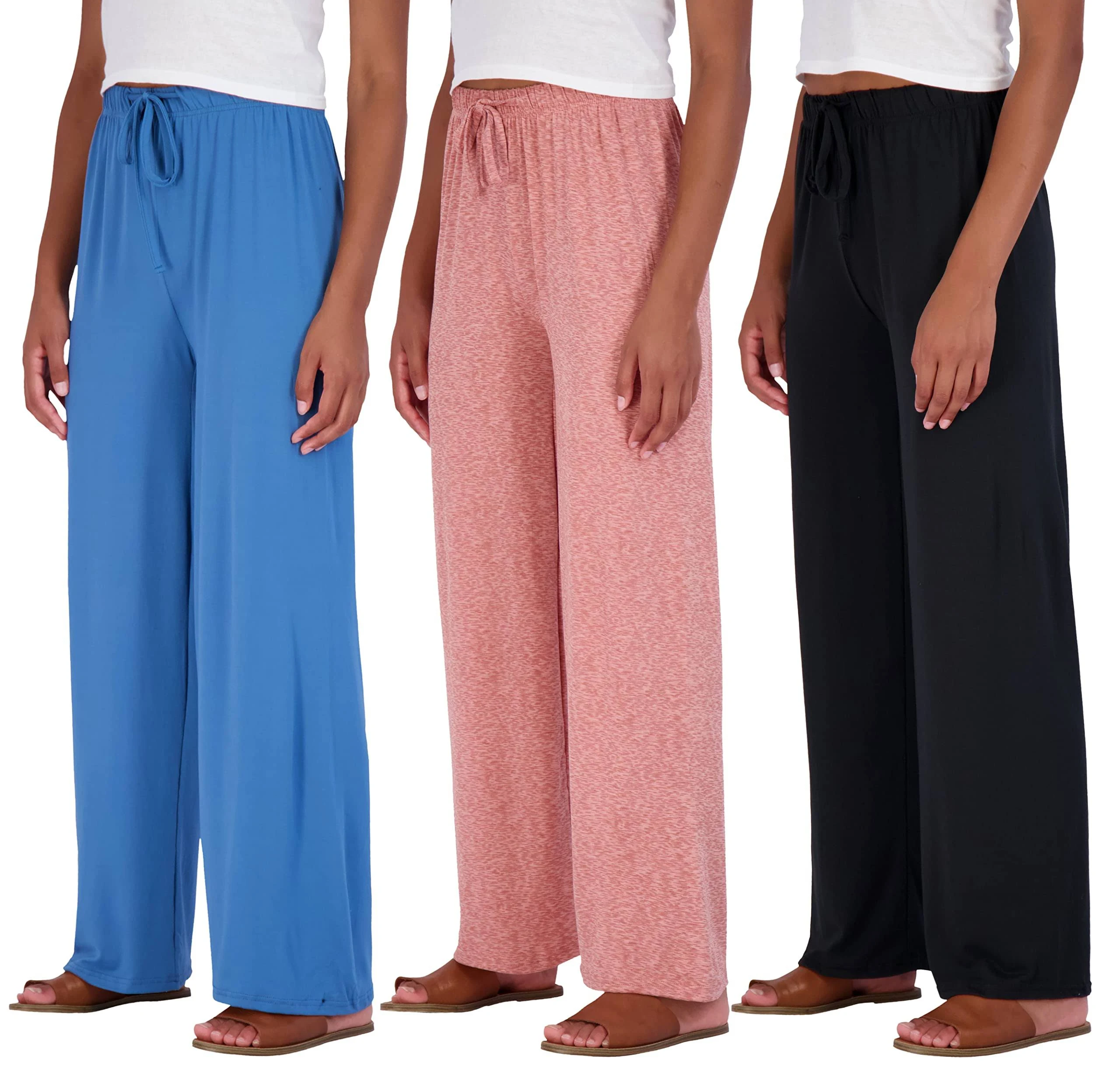 Real Essentials 3 Pack: Women's Wide Leg Palazzo Lounge Pants Drawstring - Loose ...