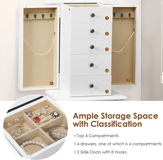 HOMGX (White, Jewelry Cabinet with Mirror, Armoire Box Storage Chest, Stand Organizer with 5 Drawers & 8 Necklace Hooks