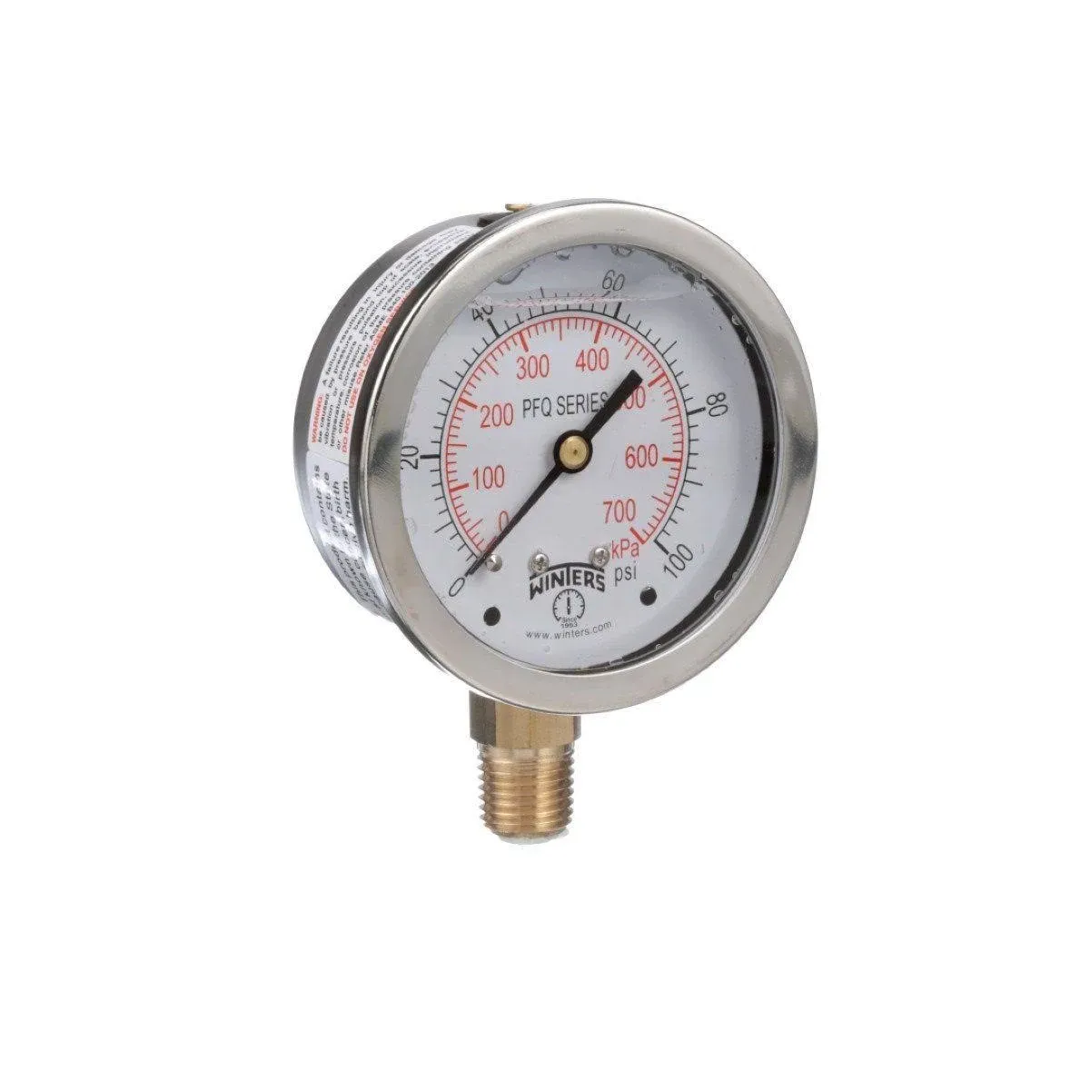 Winters 2-1/2" Dial Size, Liquid Filled Industrial Pressure Gauge, Stainless Steel Case and Internals, Dual Scale 0-100 psi/kPa, 1.5% Acc, 1/4" NPT Bottom Mount, Glycerin Filled Pressure Gauge